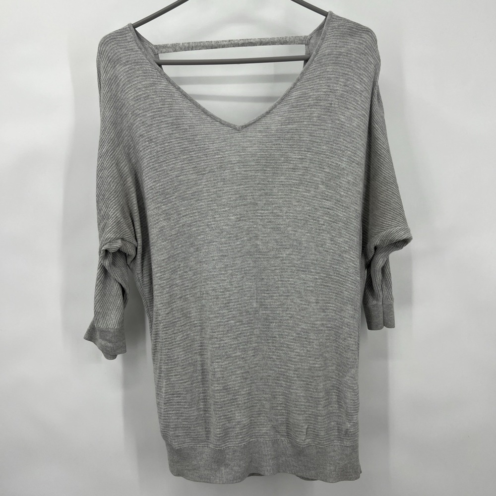 EXPRESS Gray Knit Double V Neck Open Back 3/4‎ Dolman Sleeve Shirt Top Size M